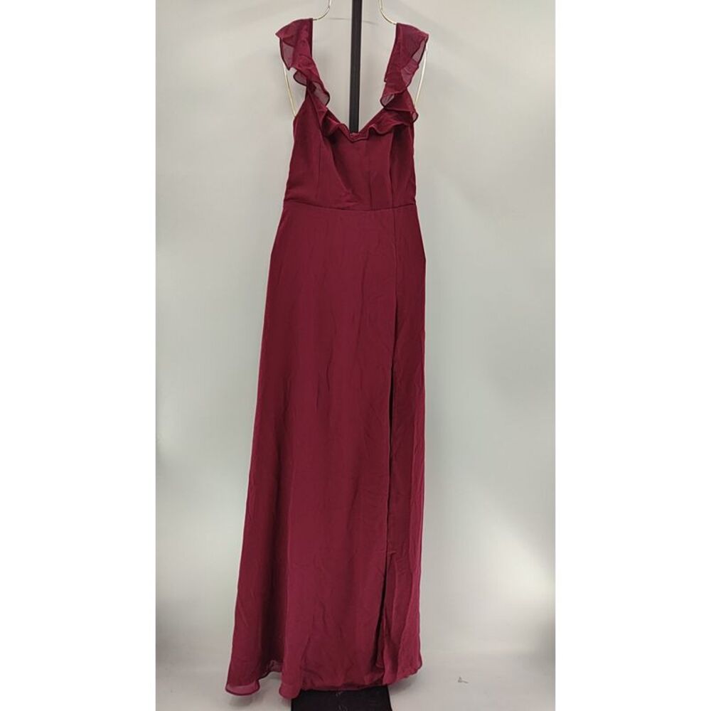 Ruffled V-Neck Burgundy Maxi Dress